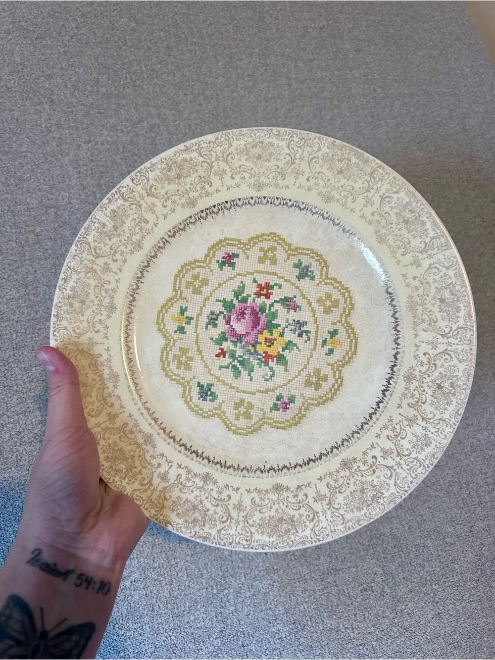 Vintage Parisian Center 11” Lace Border & Cross Stitch Floral Plate Wall Decor